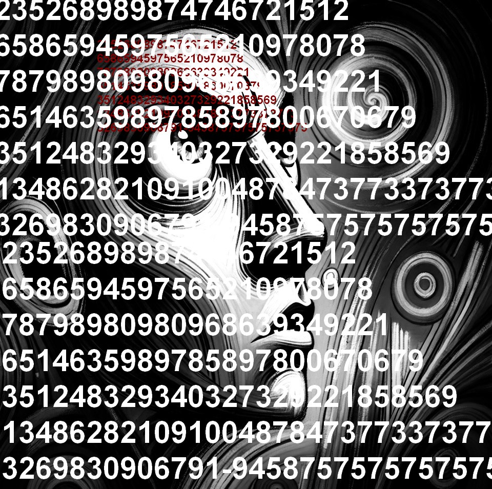 twarz człowieka na tle liczb obrazek czarno biały